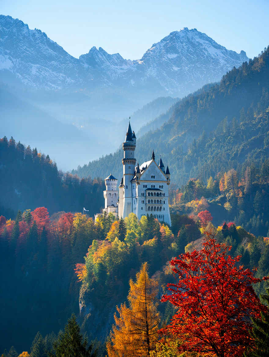 Schloss Neuschwanstein in Bayern vor dem Hintergrund der Alpen im Herbst